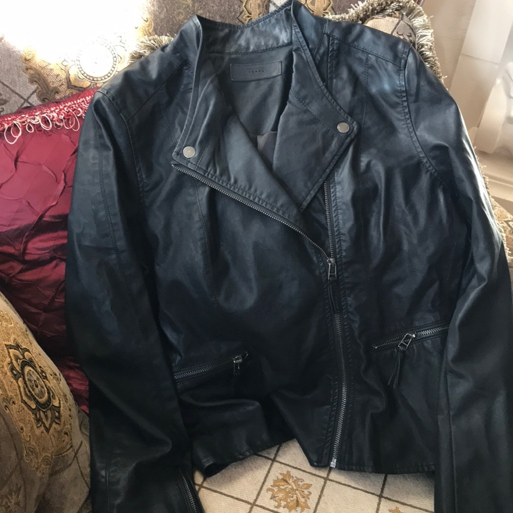 BLANKNYC Denim Faux Leather Fitted Moto Jacket
